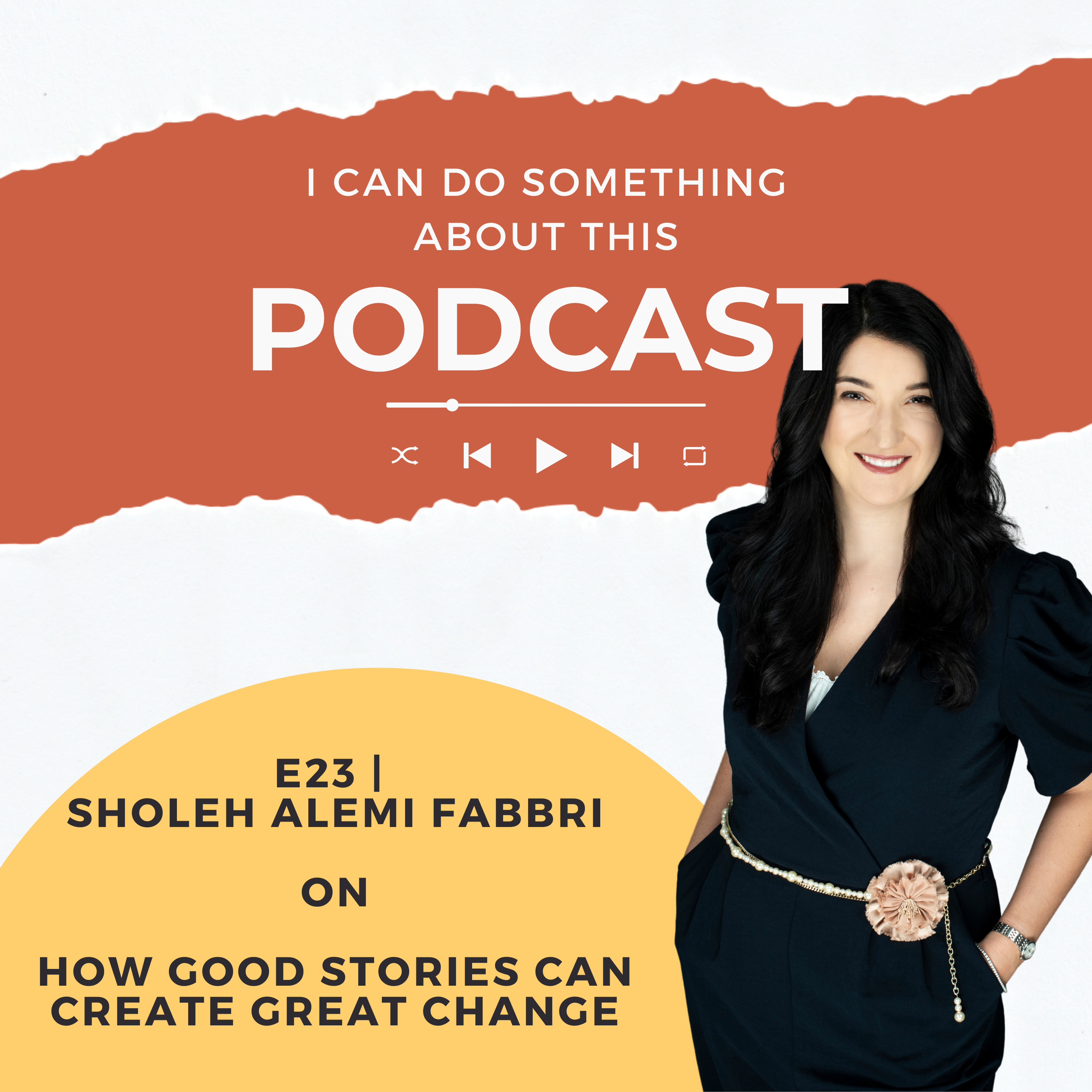 Image of woman smiling, promoting new podcast episode about how good Stories can create great change.