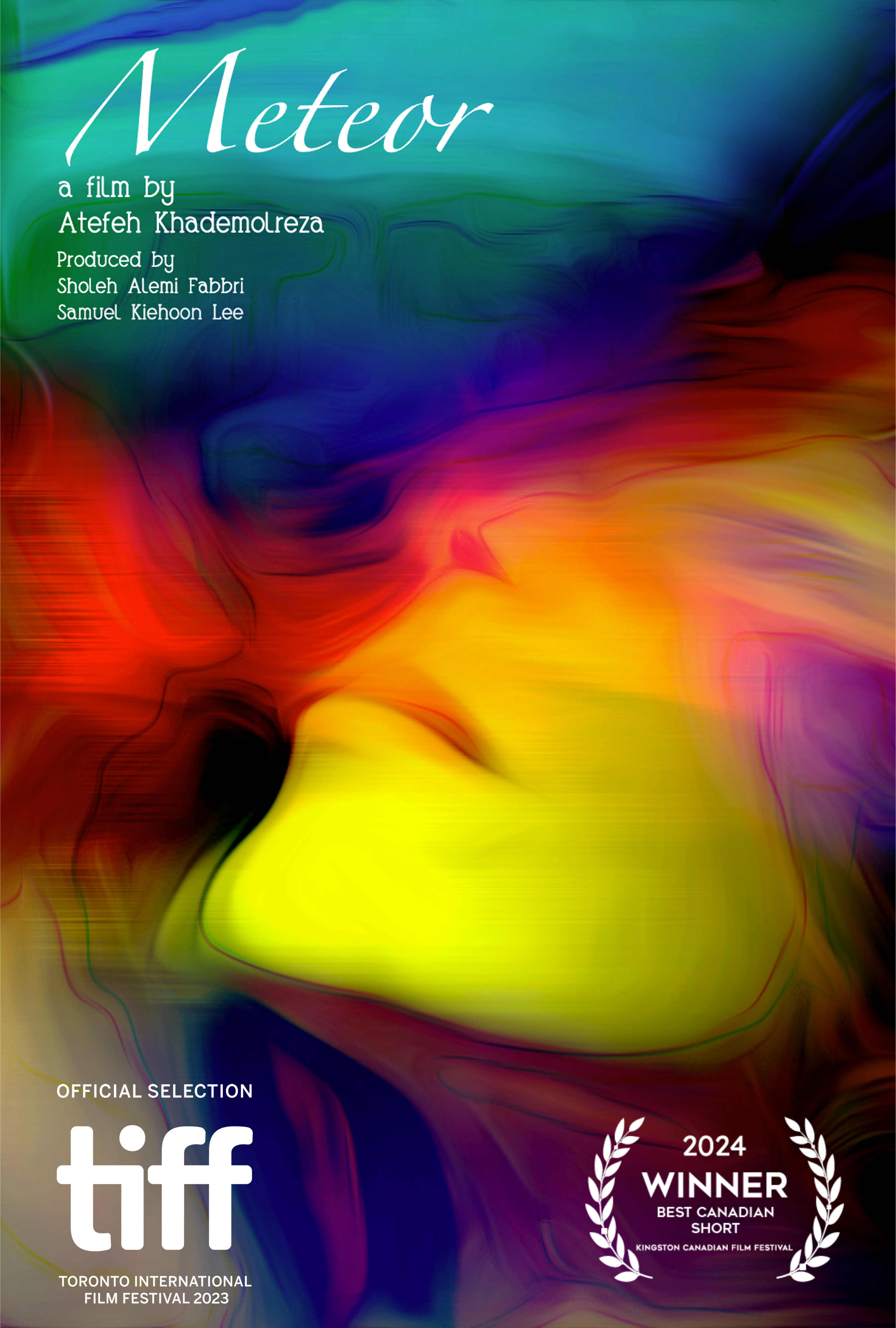 Meteor Poster Winner Best short Movie poster with multiple colours over a womans face with text on image.