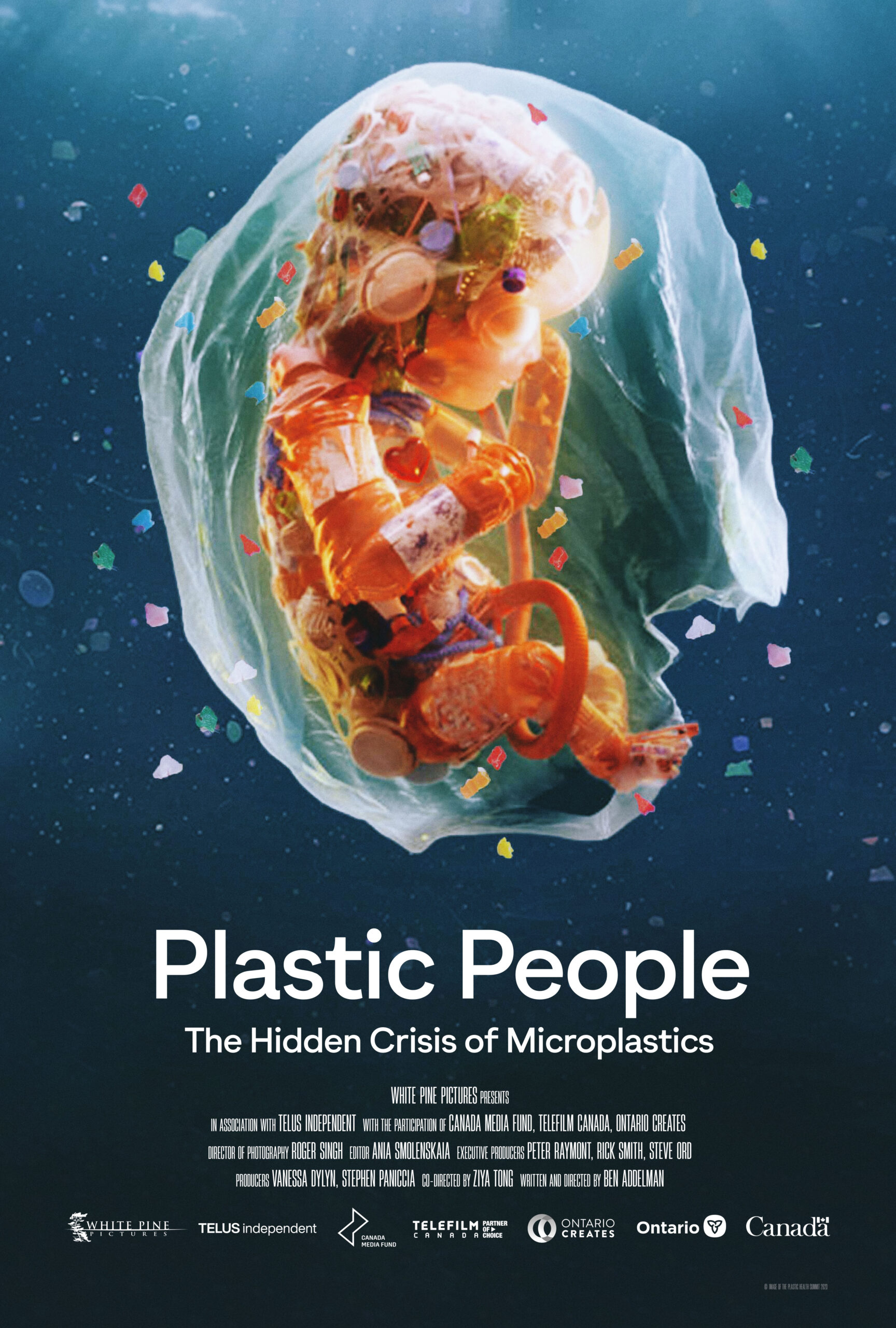 PlasticPeople_27x40_4050x6000_v2_20240104 Film Poster of plastic fetus inside a plastic bag with microplastics floating around.