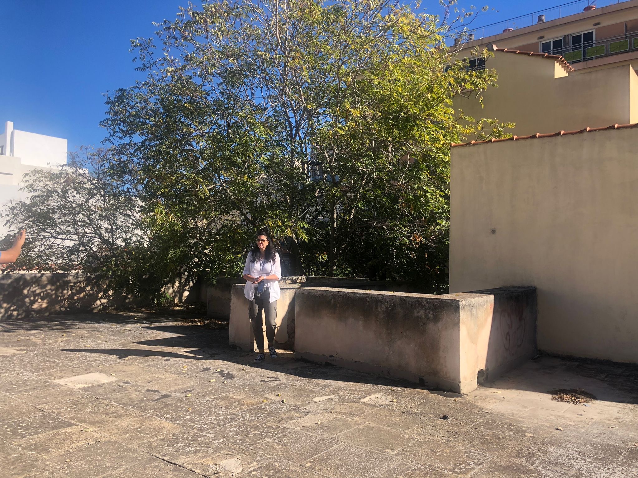 Sholeh on roof of building. See Tree and walls behind her.